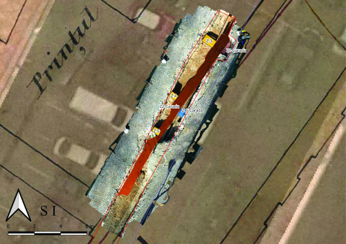 Fig. 2. Ortofotoplan cu structurile arheologice surprinse în S I și identificate ca aparținând unei clădiri, proprietar fiind prințul Alexis Caragheorghevici; demolată în timpul sistematizărilor legate de construcția noului Palat al Băncii
Naționale, la începutul anilor 1940.